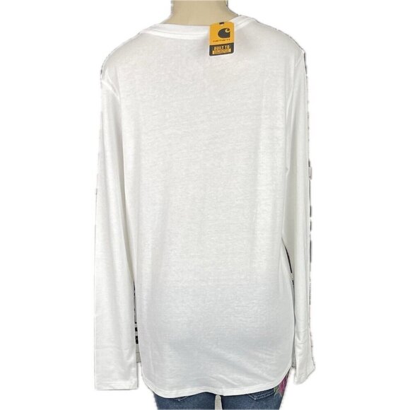 Carhartt XL Solid White V-Neck Cotton Blend Relaxed Logo Patch Long Sleeve Tee - Picture 4 of 6